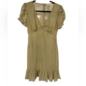 Urban Outfitters Green‎ A-line Midi Dress with Puff Cap Sleeves